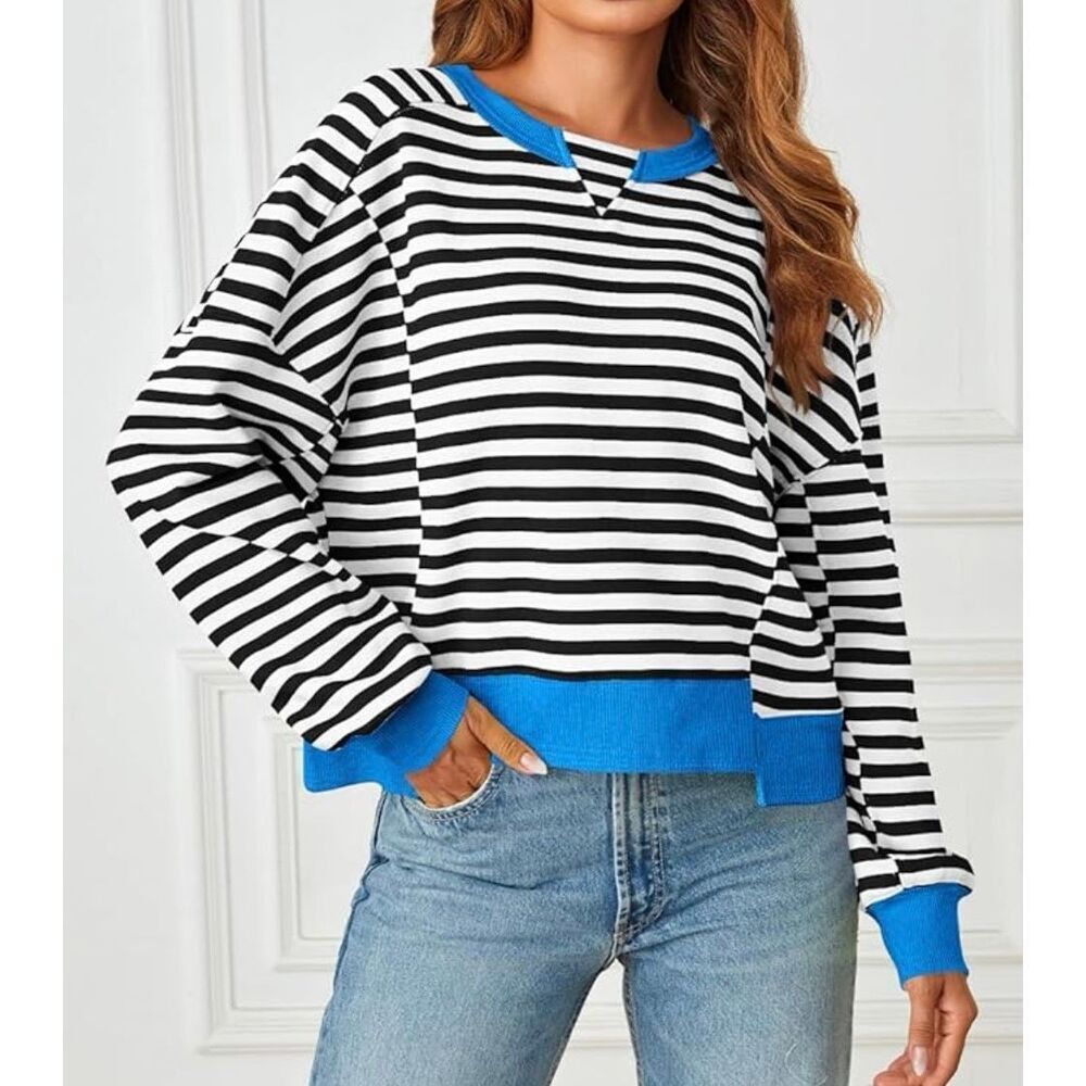 Striped Black & White Sweater with Bright Blue Trim